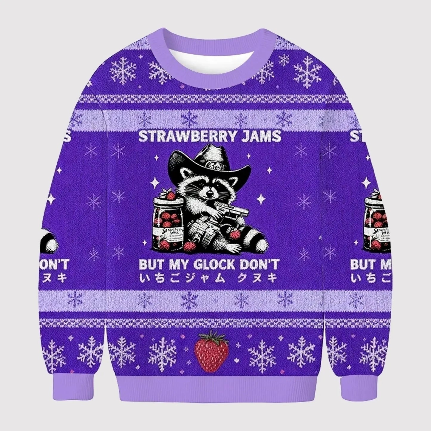 2025 Raccoon Strawberry Jams But My Glock Dont Ugly Sweater   theclothingtribe