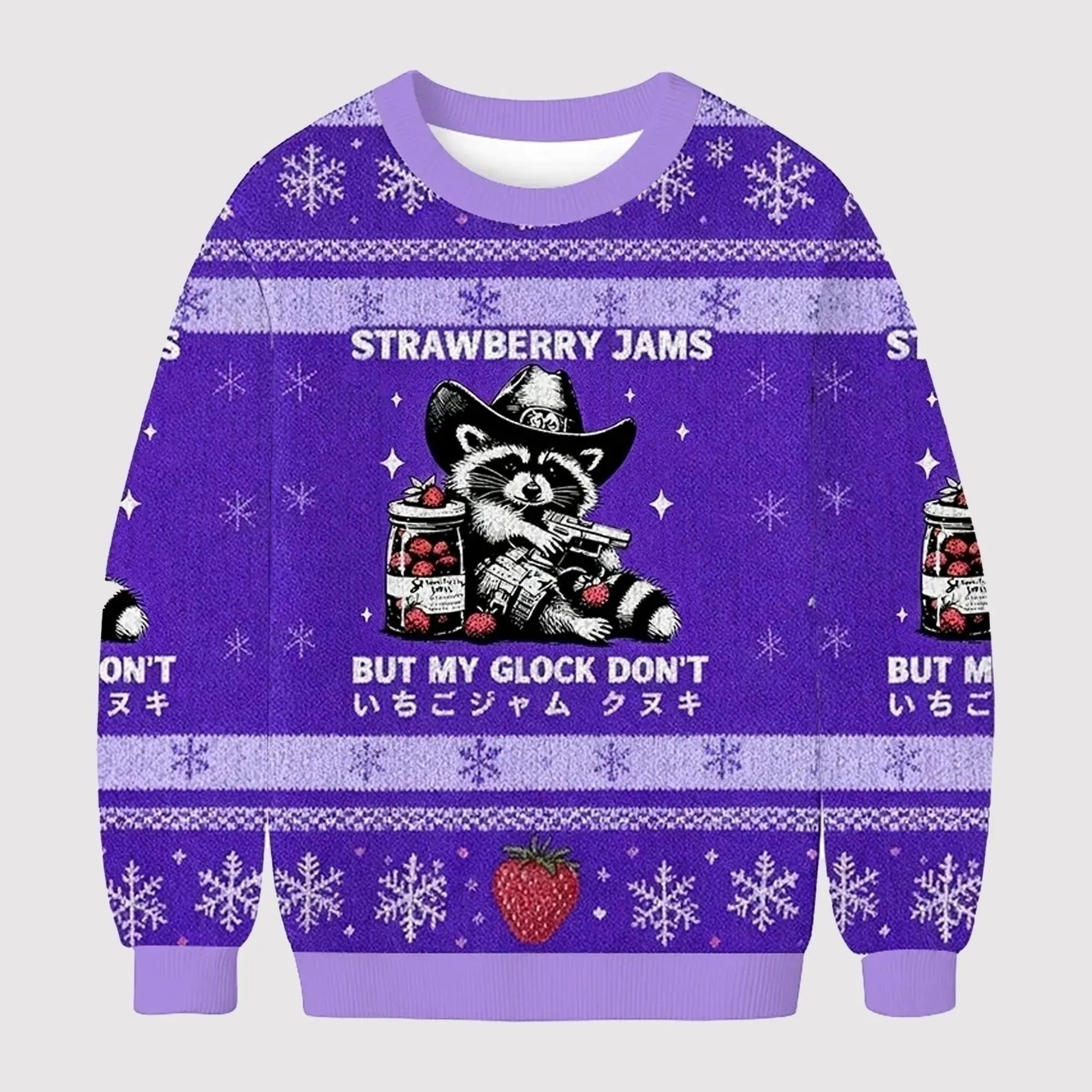 2025 Raccoon Strawberry Jams But My Glock Dont Ugly Sweater   theclothingtribe