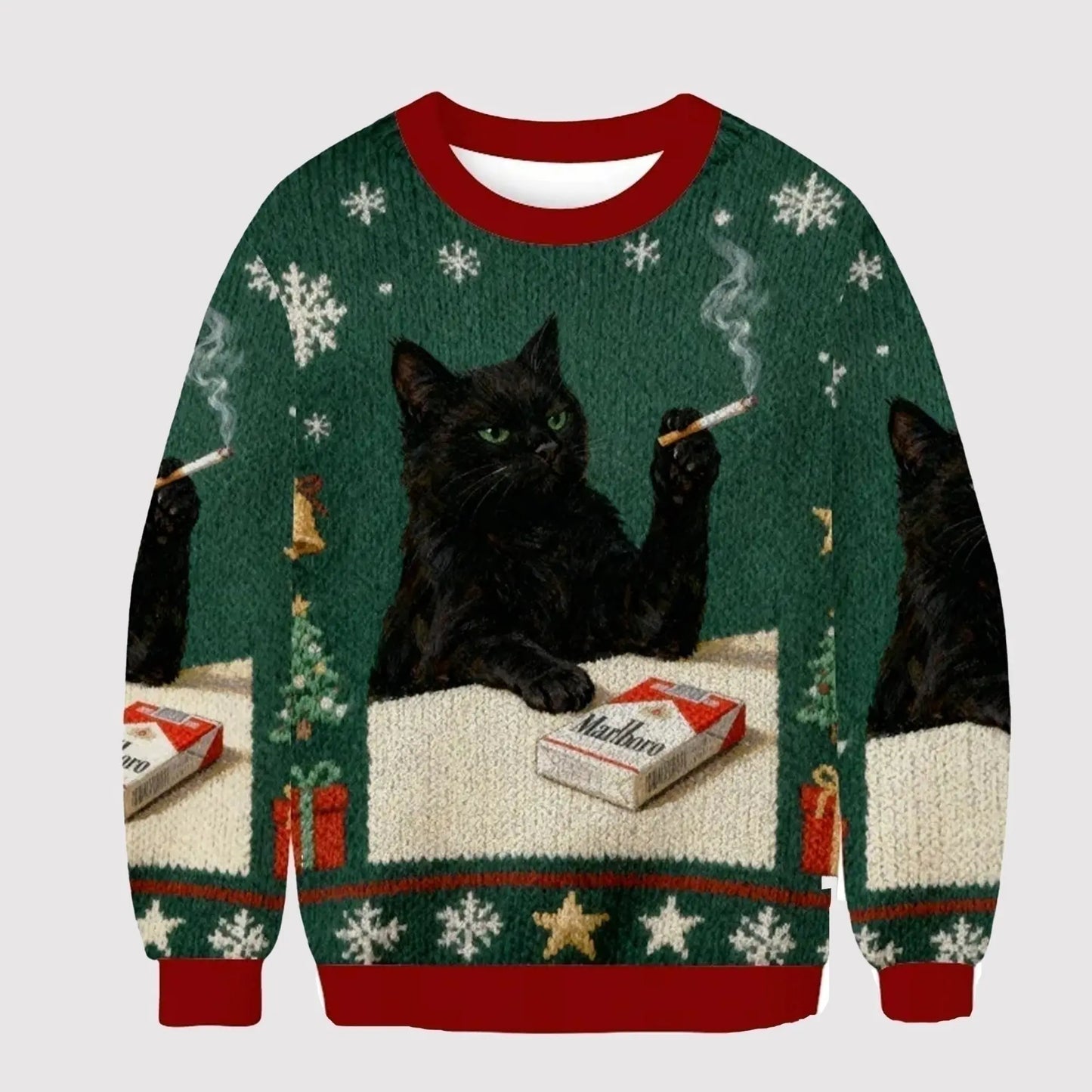 2025 Smoking Marlboro Black Cat Meme Ugly Sweater   theclothingtribe