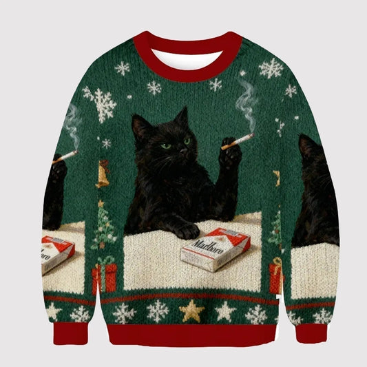 2025 Smoking Marlboro Black Cat Meme Ugly Sweater   theclothingtribe