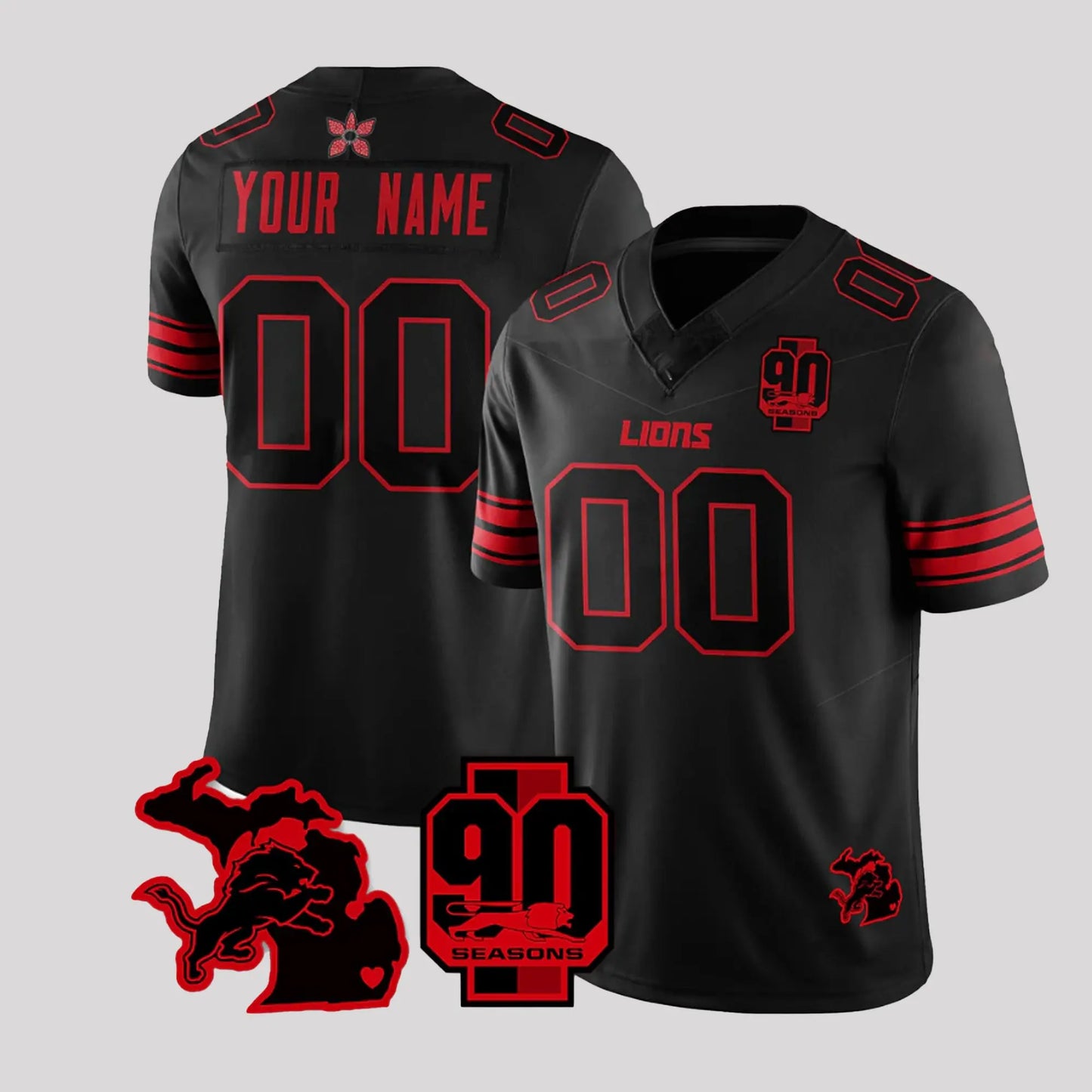 2026 Detroit Lions Stranger Things 90 Seasons Jersey   theclothingtribe