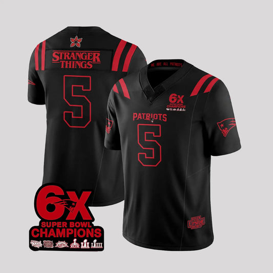 2026 NE Patriots Stranger Things 6X Bowl Champions Jersey   theclothingtribe