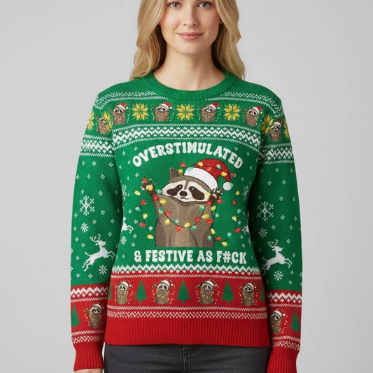 Raccoon Overstimulated And Festive AF Ugly Sweater   theclothingtribe